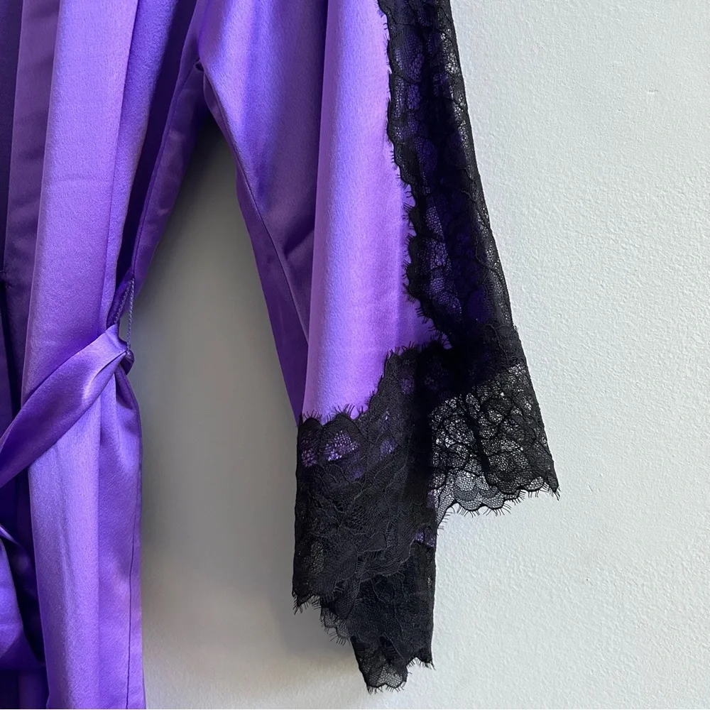 NWOT Victoria’s Secret Purple Black Luxe Collection Lace Trim Kimono Robe, XS/S - Picture 5 of 11